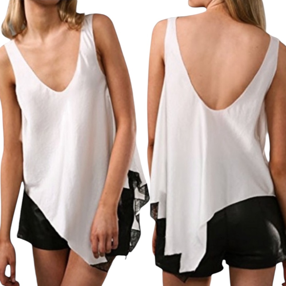 Alexander Wang White Satin Asymmetrical Backless Tank Top w/ Black Lace Trim - S